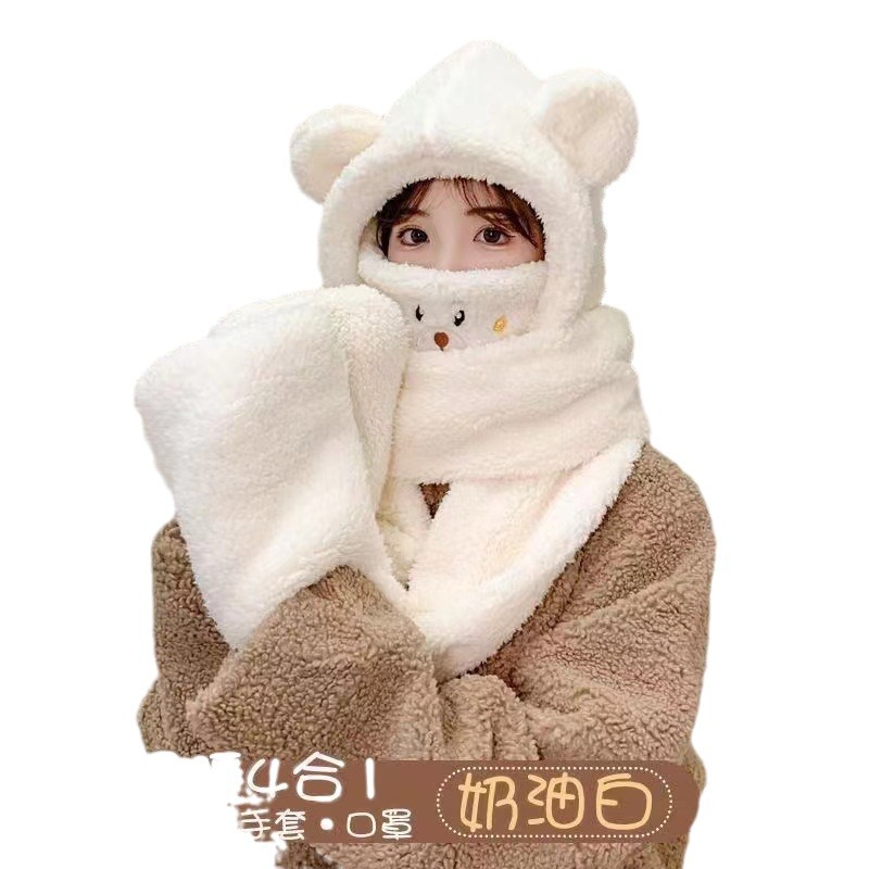 Picture of Autumn and Winter Hat New Cute Warm Mask Bear Hat Integrated Neck Scarf Gloves Popular Versatile Plush Four-In-One