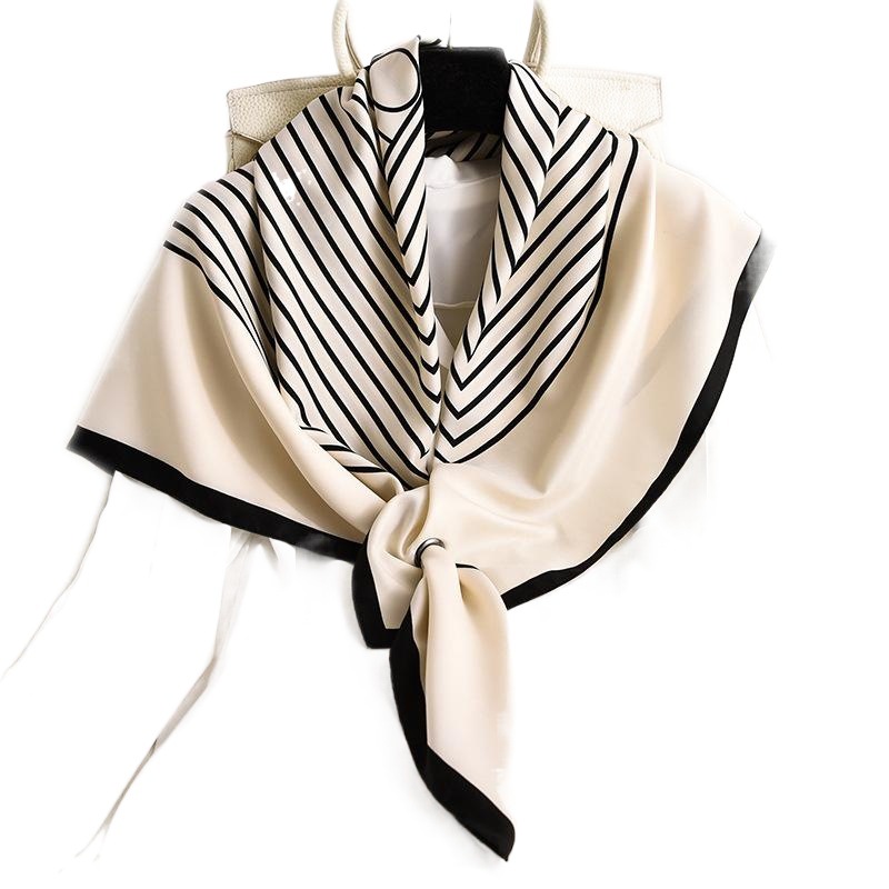 Korean Style Elegant Spring and Autumn Silk Stripe 90 Square Perforated Warm Sunscreen Silk Scarf Simple Classic Scarf