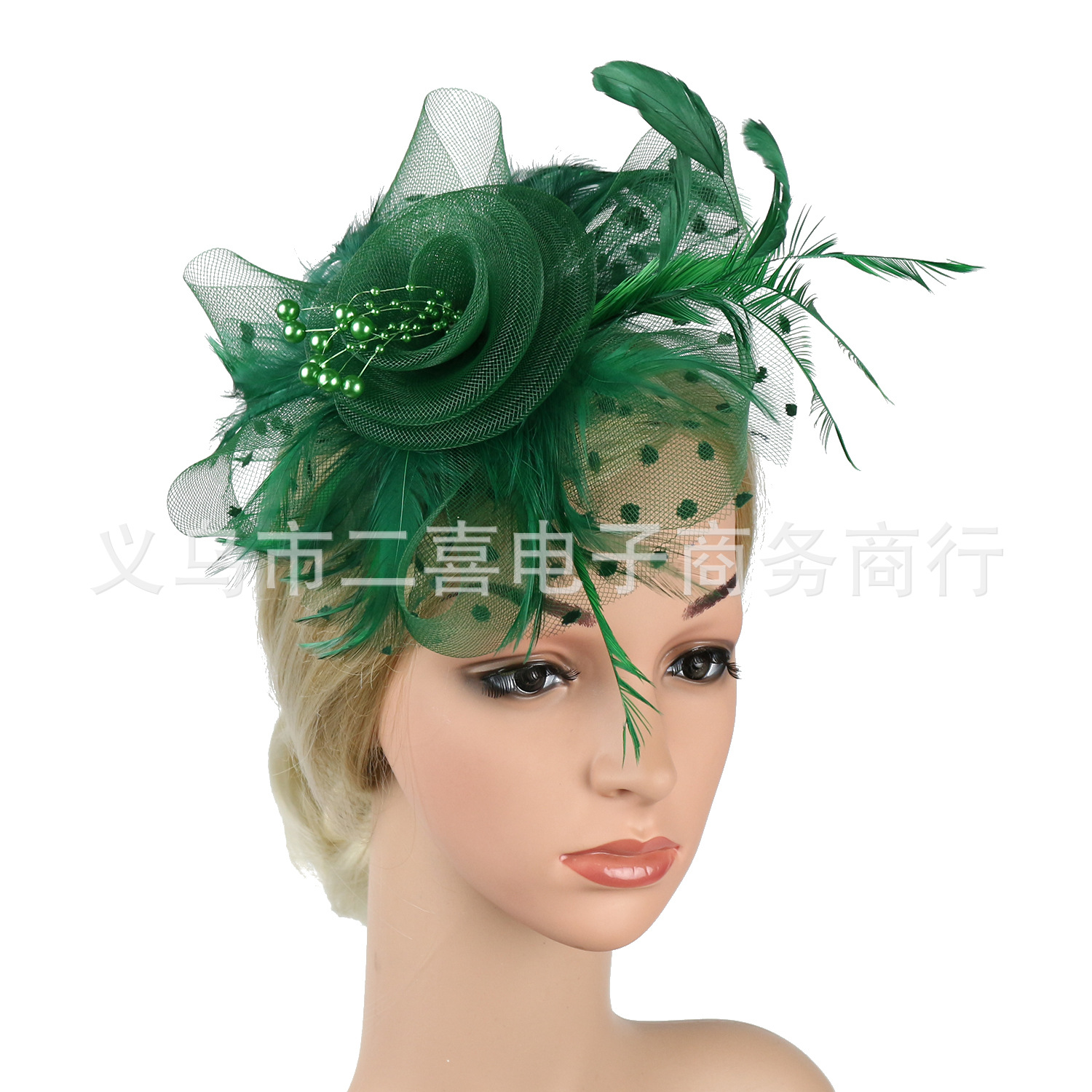 Picture of European and American Popular Amazon Feather Headdress Bridal Hair Accessories Mesh Top Hat Jockey Club Hair Accessories Hairpin Headband