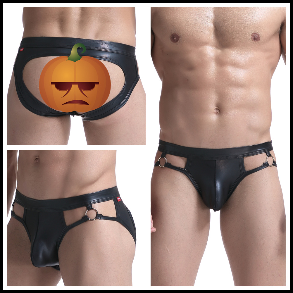 Picture of Spot Cross-Border Men's Sexy Underwear Imitation Patent Leather U Convex Bag Ring Motorcycle Sports and Leisure Empty Back Briefs