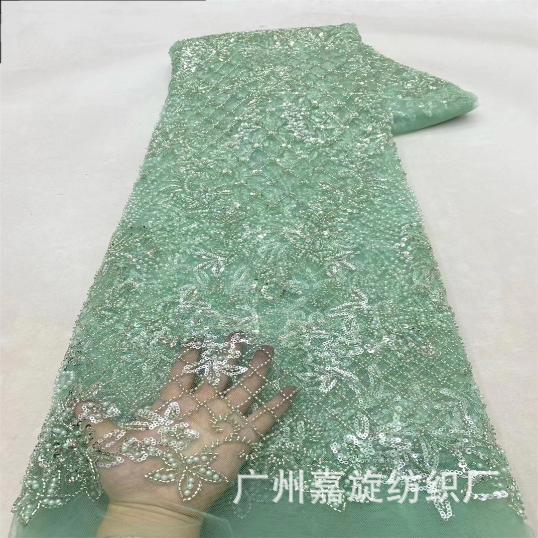 European and American grid three-dimensional bead tube dress embroidered cloth dress plant flower banquet stage clothing fabric lace