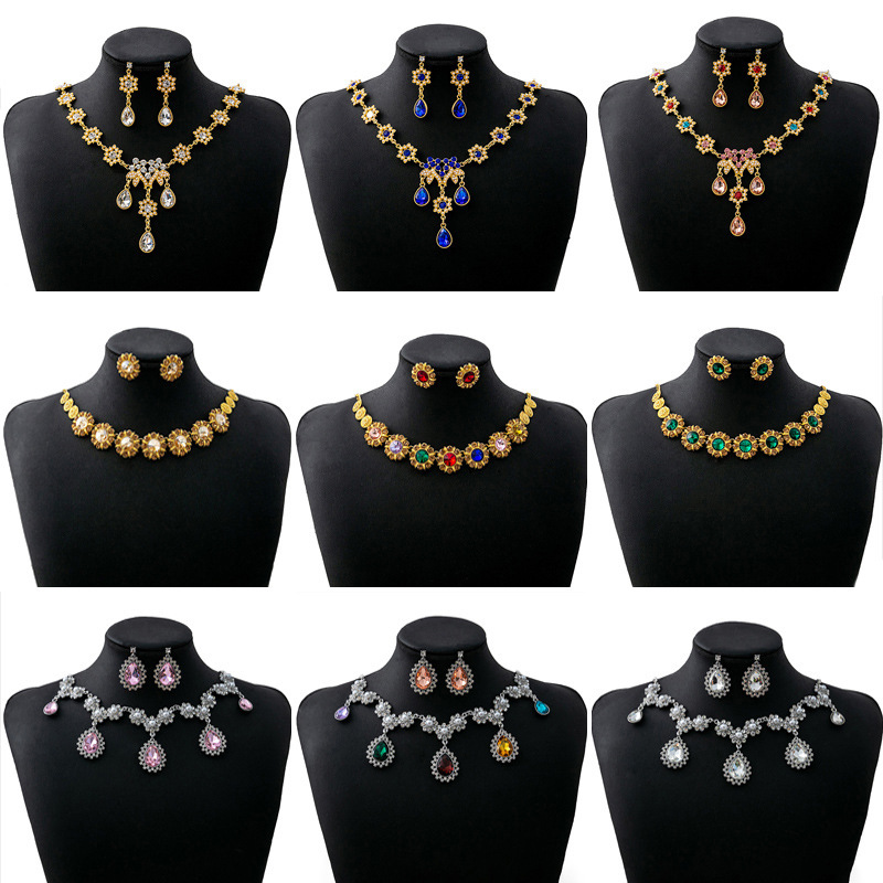 European and American Cross-border Luxury Atmospheric Water Drop Jewelry suit Geometric Round Pearl Earrings Elegant Flower Necklace for Women