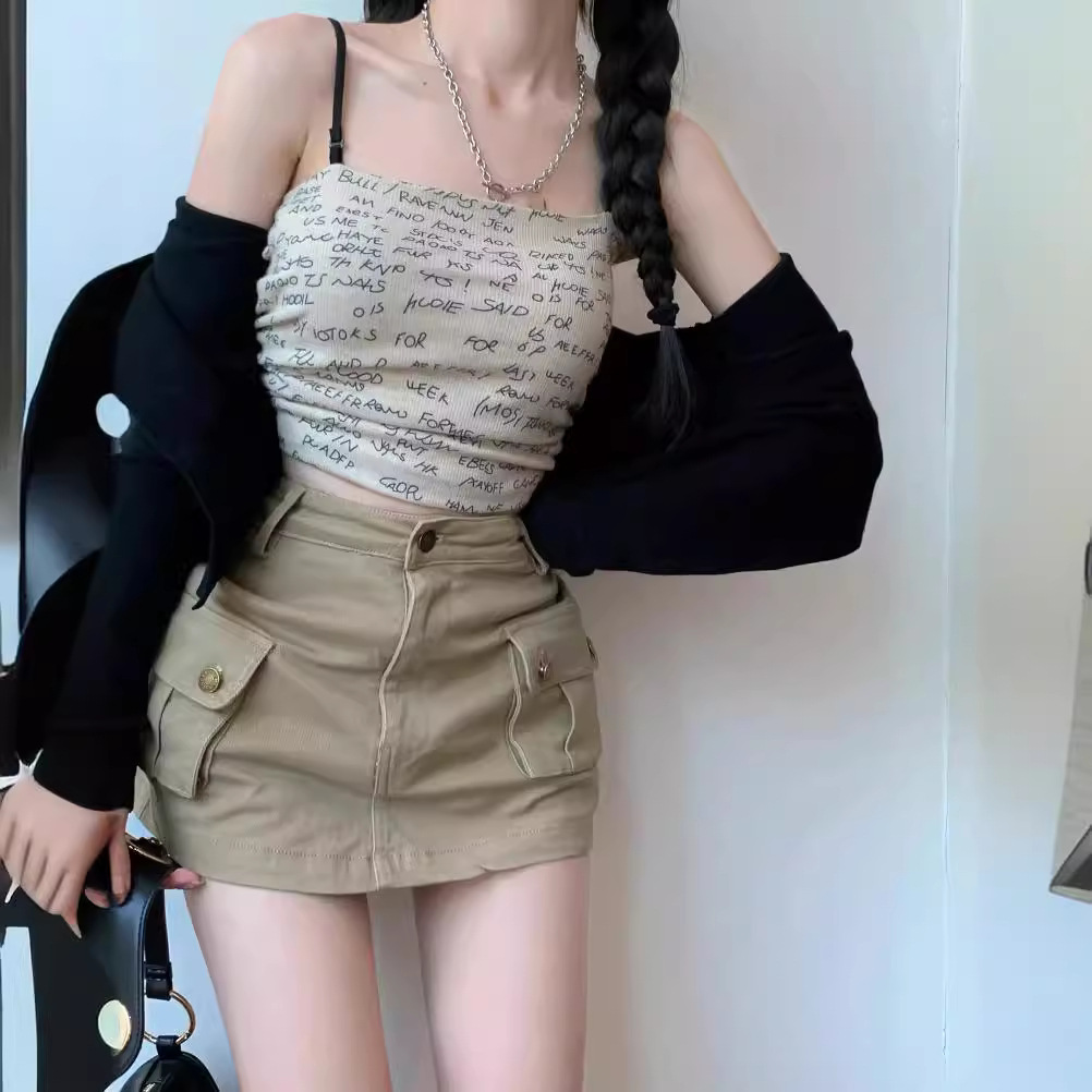 khaki Workwear Skirt Women's Summer Spice Girls Anti-glare Denim Slim Look plus size Skirt High Waist A- line Short Skirt