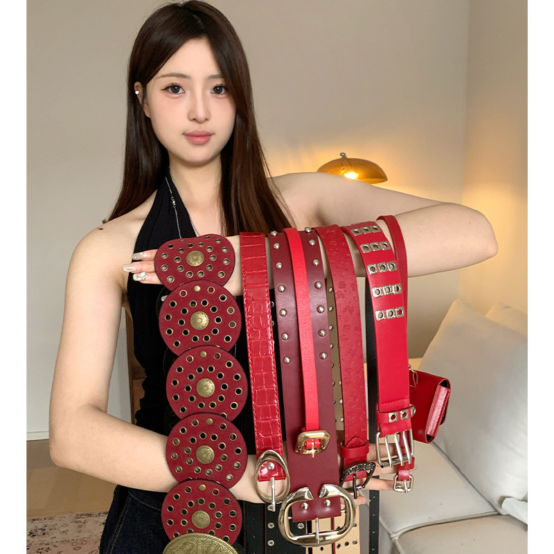 High-End Red Belt for Women, Bohemian Skirt, Jeans Belt, Slim and Versatile Girdle, Versatile Belt, Trendy