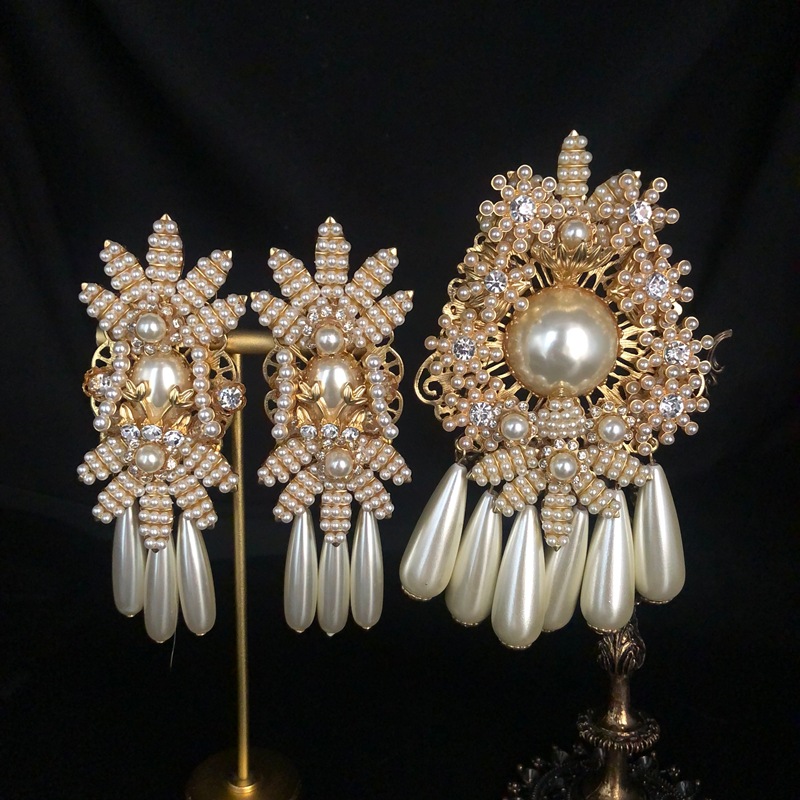 European and American Heavy Industry Versatile Brooch Exquisite Fashion Retro Style Handmade Pearl Rice Bead Flower Design Pin Ear Clip