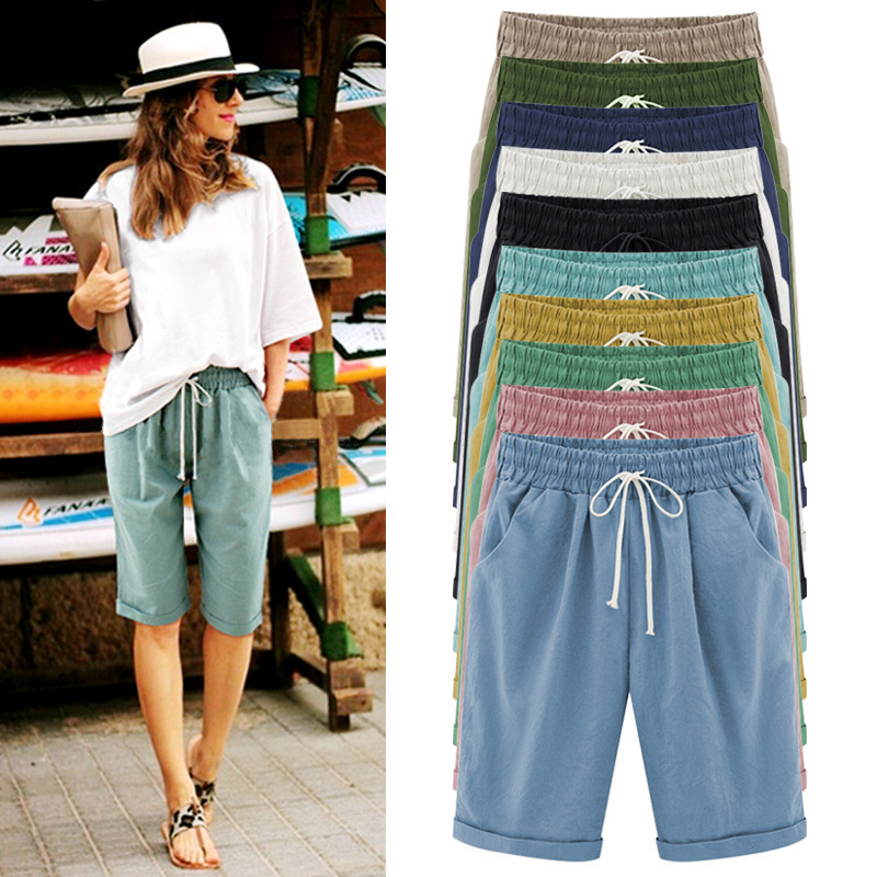 Amazon cross-border knee solid color summer women's casual pants pants sports drawstring pants plus size 150.00kg