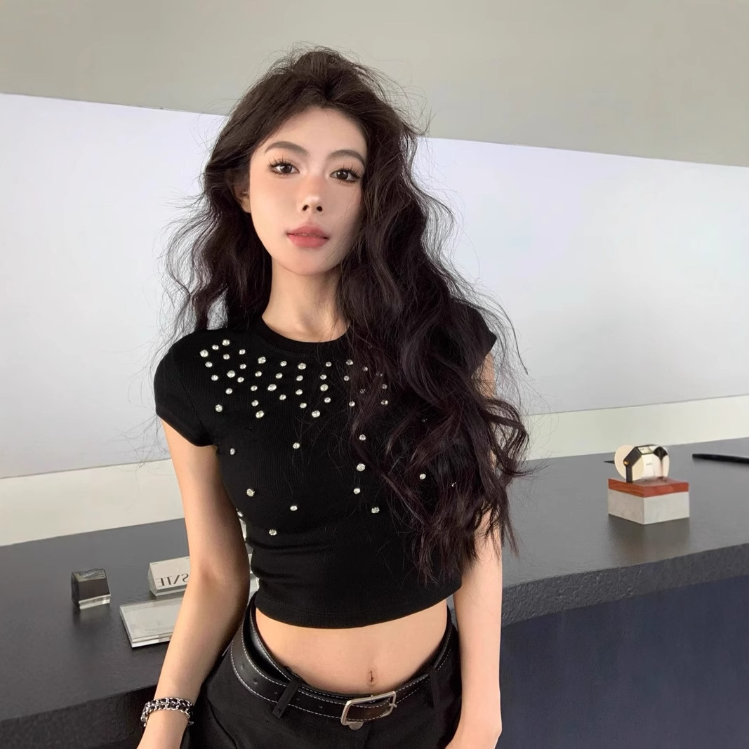 2025 Summer Sexy Hot Girl Style Sparkling Diamond-Encrusted Right Shoulder Short-Sleeved T-Shirt Women's Design Navel-Baring Short Top