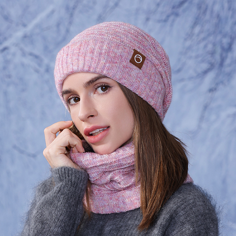 Picture of Winter two-color hat scarf two-piece outdoor cold-proof warm knitted wool hat fleece-lined ear protection cap for women