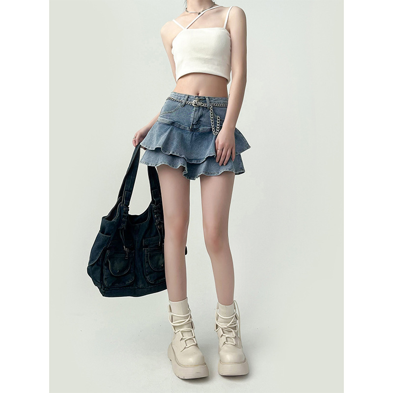 Hot Girl American High-Waisted A-Line Slim Denim Skirt Summer Cake Skirt Tutu Skirt Ruffled Skirt Women's Culottes