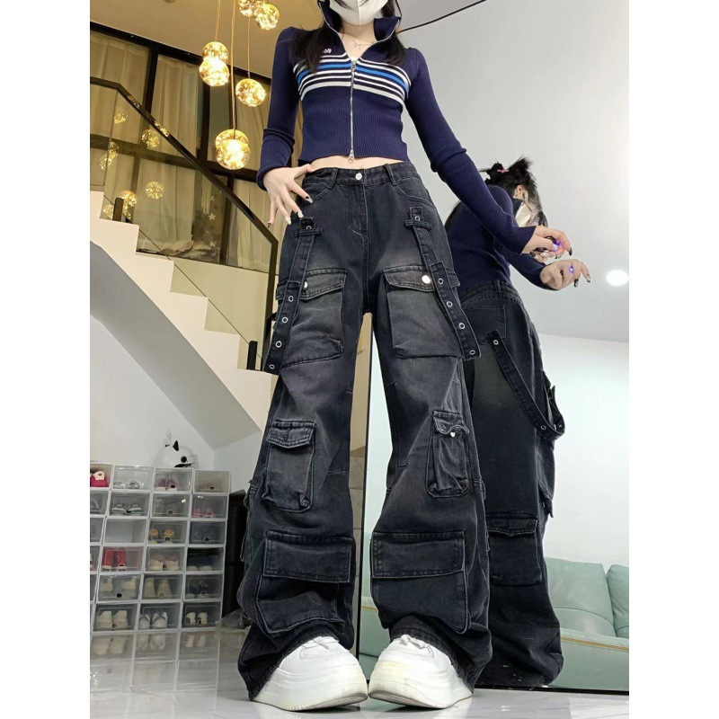 Picture of American Style High Street Multi-Pocket Tooling Jeans Women's Autumn and Winter Strap Design Sense Loose Slimming Wide Leg Trendy Trendy Pants