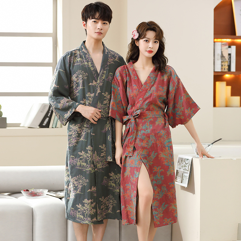Spring and Summer Thin Pure Cotton Double Gauze Bathrobe Pure Cotton Class A Pajamas Home Clothes Couple's Water Absorbent Quick-drying Bathrobe