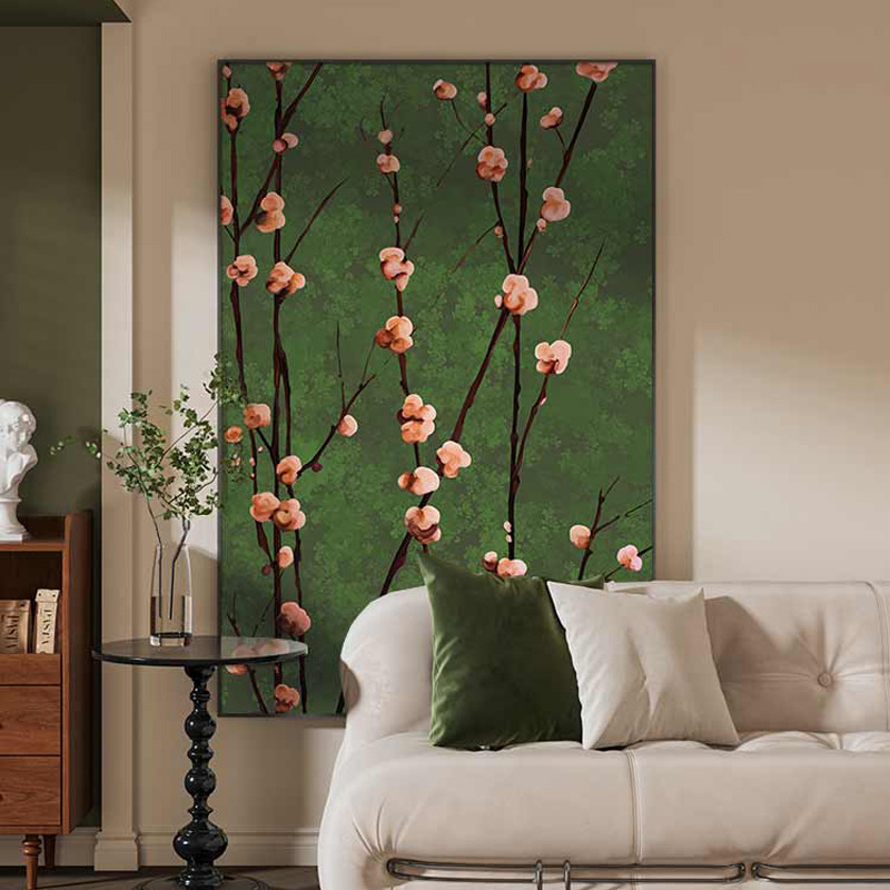 Retro Nanyang Middle Ancient Style Living Room Decorative Painting Plum Blossom French Sofa Background Wall Mural Green Style Hallway Hanging Painting