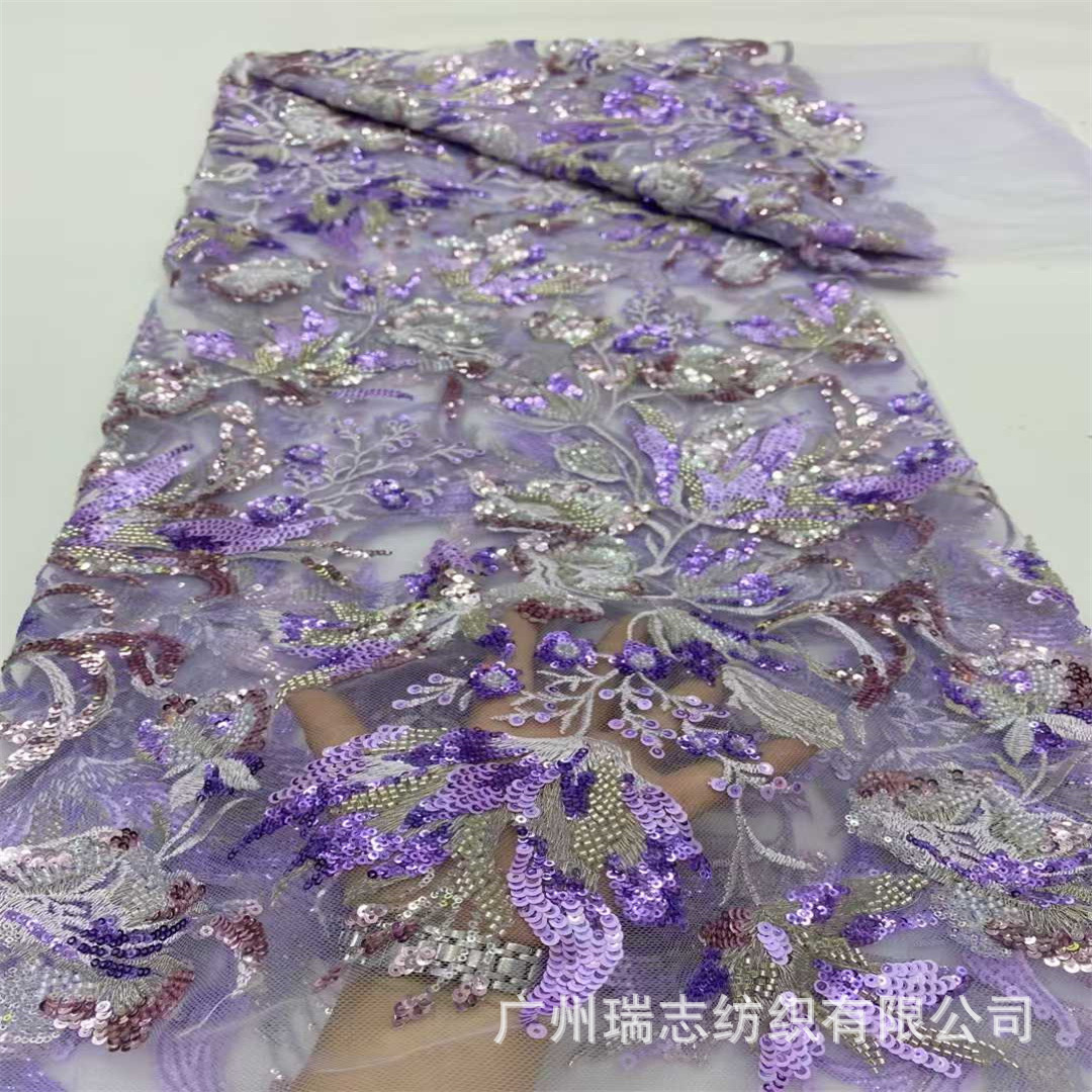 In-Stock Plant Flower Pattern Beaded Embroidery Layered Sequin Wedding Dress Lace European and American Mermaid Dress Evening Gown Fabric