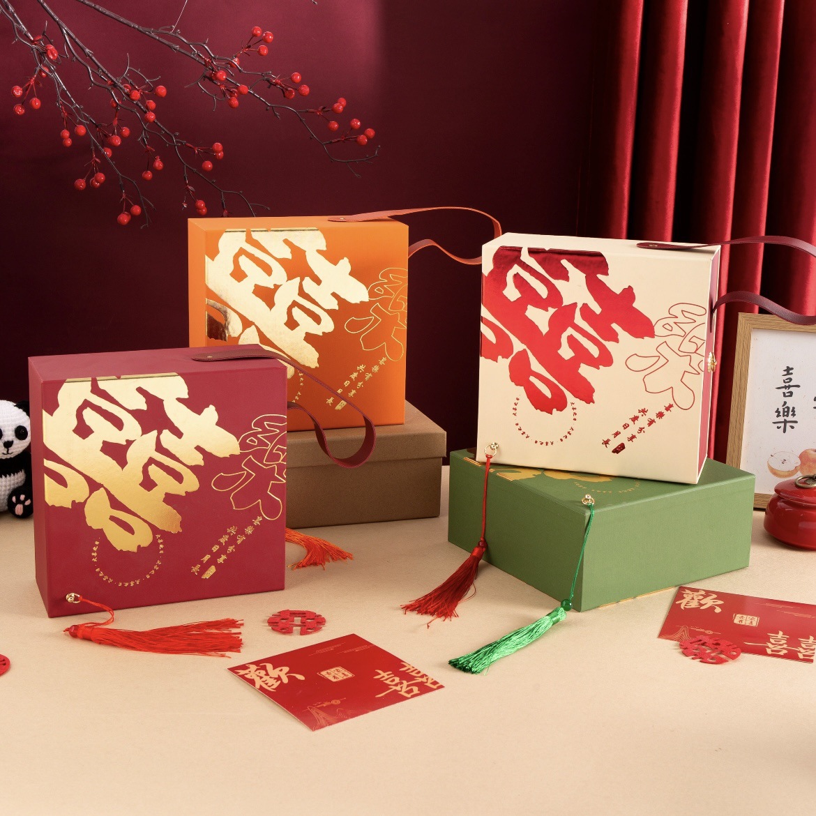 Chinese style joy gift box holiday wedding for self-use printing bronzing craft factory in stock 48 hours delivery