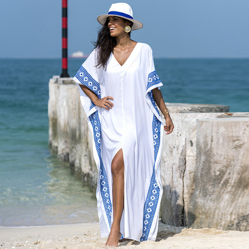 Imitation rayon embroidered gown European and American new cross-border holiday dress dress loose beach sunscreen swimsuit blouse women