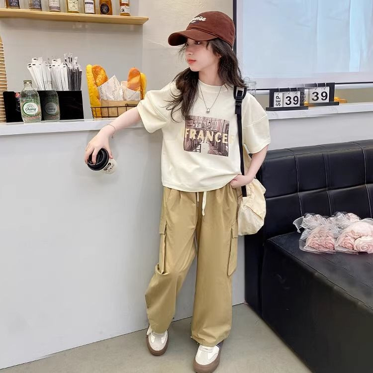 Fashionable trendy girls overalls pants suit 2024 new summer casual cute foreign style short sleeve two-piece women
