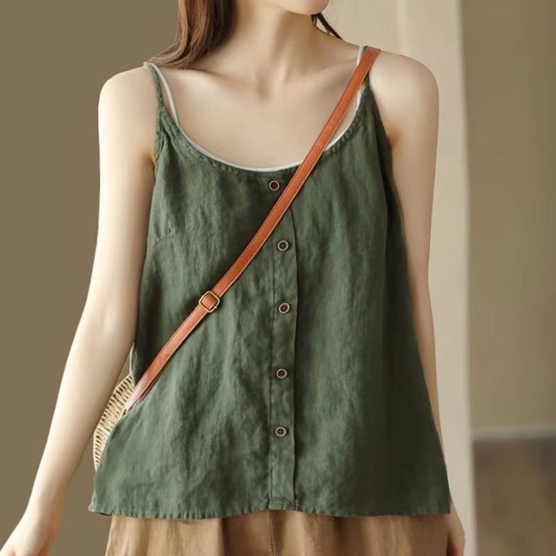 Cotton and Linen Camisole 2024 Summer New Artistic Retro Top Button Decorative Thin Loose Inner Base Women's Top