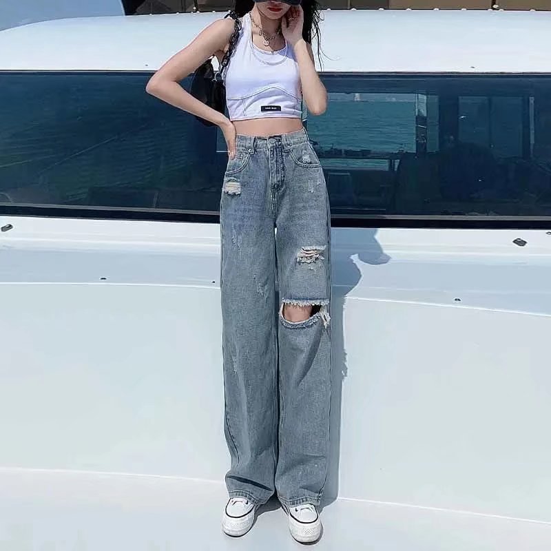 Ripped Jeans Women's Spring and Autumn New 2023 Small High Waist Straight Tube Dipped Wide Leg Trendy Pants