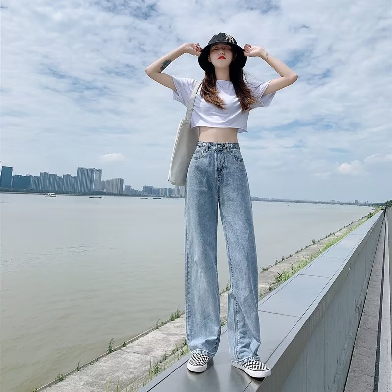 Jeans High Waist Korean Style Loose All-match Autumn 2024 New Female Student Slimming Straight Leg Wide Leg Trendy Trailing Pants
