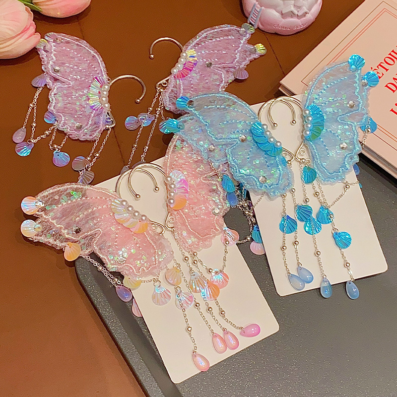 Picture of Children's Mermaid Tassel Earrings Girls Super Fairy Butterfly Shell Earrings Little Girl Princess Elf Earrings Accessories