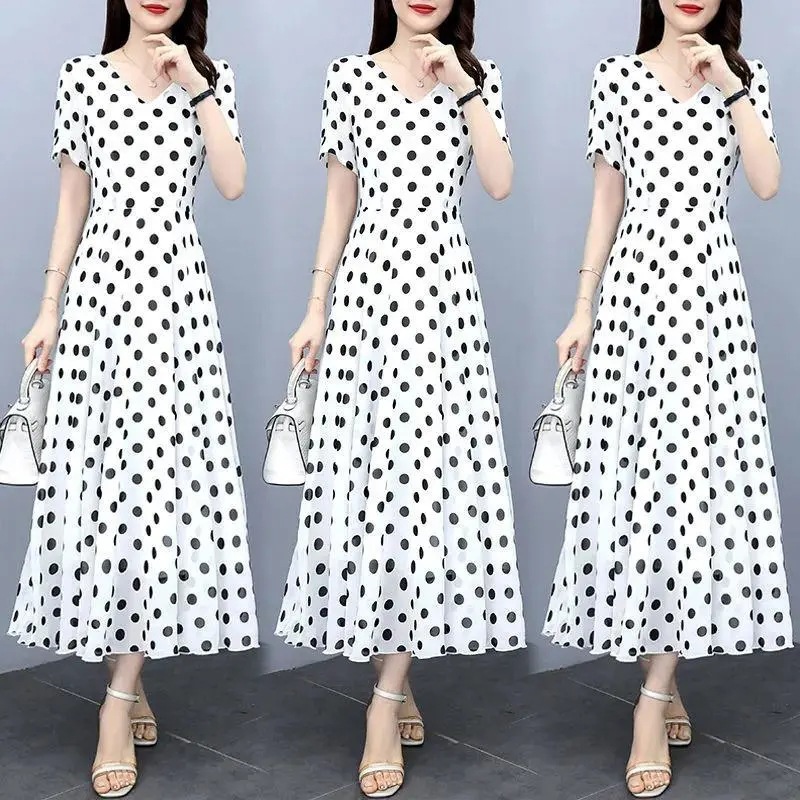 Picture of Summer 2024 New Fashionable Polka-Dot Chiffon Dress with Slim Waist and Western Style Long Over-The-Knee Long Skirt