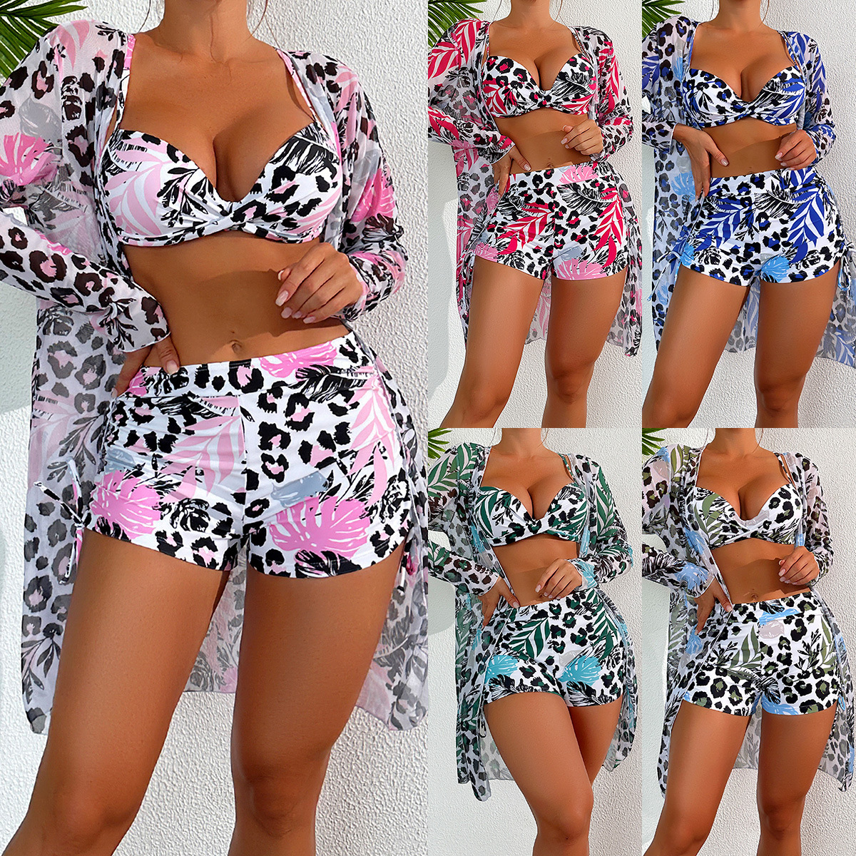 Mingyi 2024 new European and American fashion sexy multi-color printed leg pants bikini blouse three-piece swimsuit