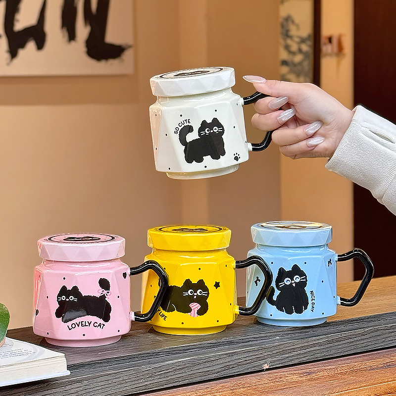 Cute Cartoon Little Black Cat Cup Accompanying Ceremony High Yan Value Office Water Cup with Lid Mug Ceramic Cup for Girls
