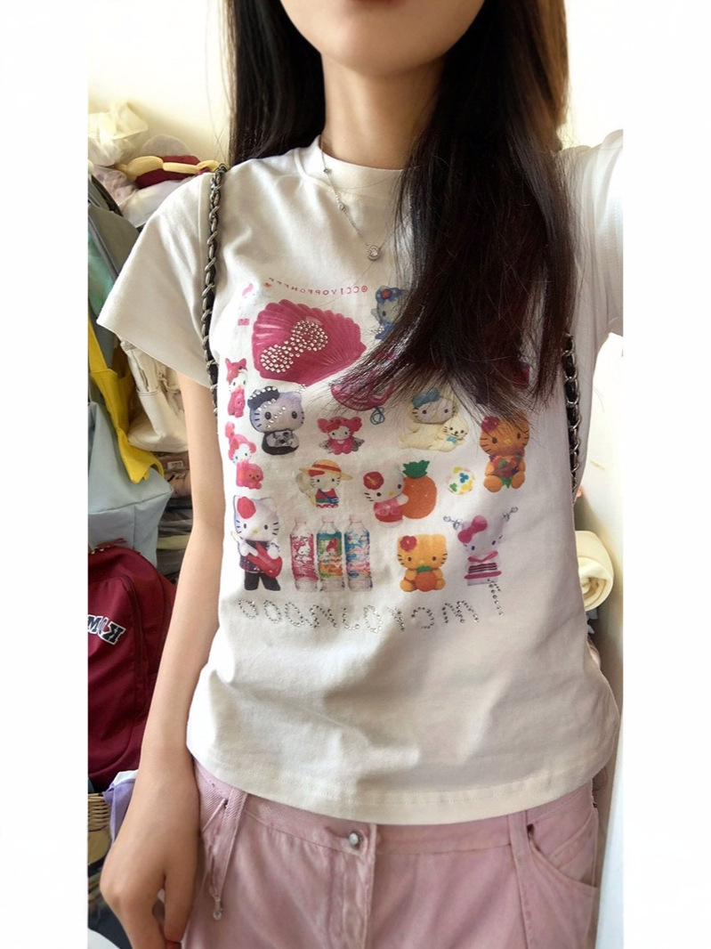Pure Cotton White Right Shoulder Cat Short-Sleeved T-Shirt for Women Summer Design Niche American Short Sexy Slim Top
