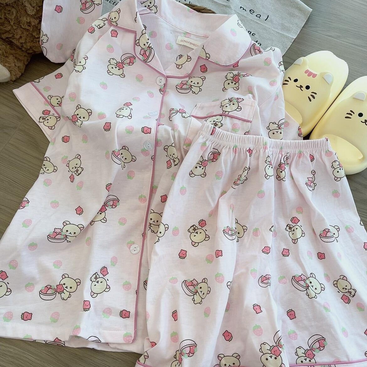 Pink Strawberry Lightweight Bear Cute Pajamas Women's Summer Short Sleeve Shorts Sweet Cute Girl Pajamas