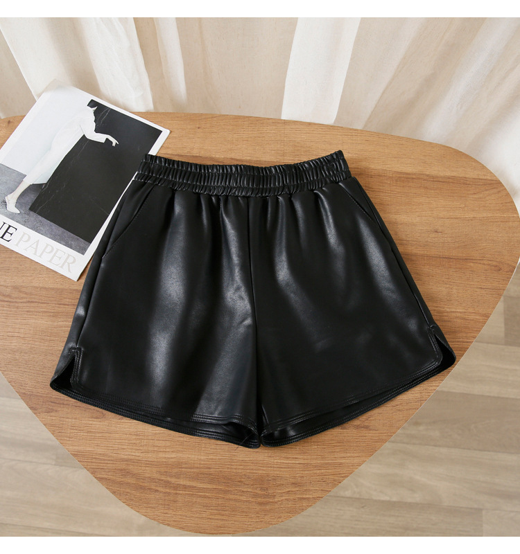 Large size PU leather fashionable wide-leg boot pants thin high autumn and winter outer wear women's loose New 2023 waist shorts base