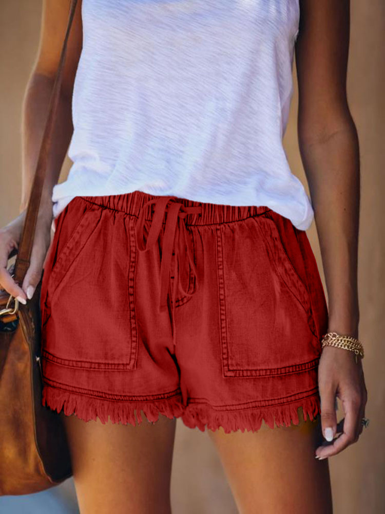 Picture of European and American Foreign Trade Cross-Border Supply Elastic Waist Casual High Waist Slim Tassel Denim Shorts for Women