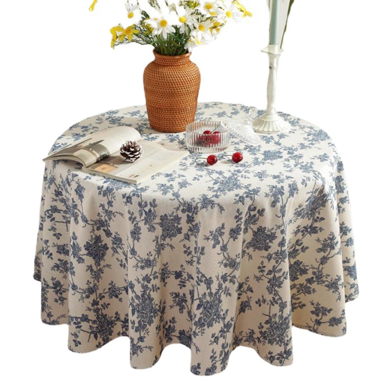 Le Xuan show small round table cloth wholesale ins wind cotton linen blue printed tablecloth vintage blue flower tea table cover cloth
