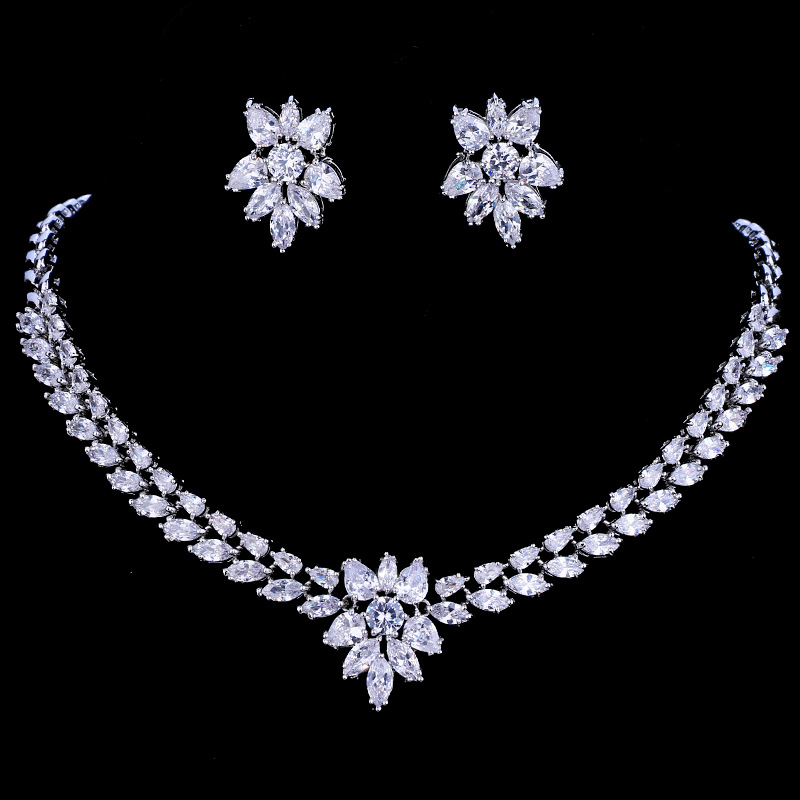 wish cross-border bridal two-piece design leaf flower zircon necklace earrings set female manufacturers wholesale first