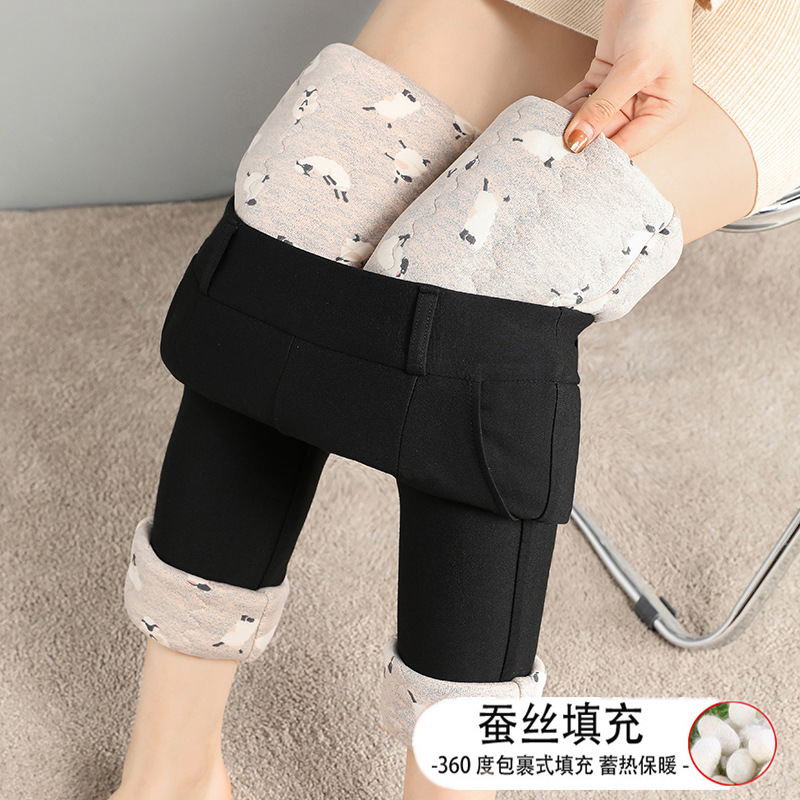 Silk Cotton Pants Women's Winter Outer Wear Thickened plus size High Waist Slim Look Leggings New Style Small Feet fleece-lined Warm Pants