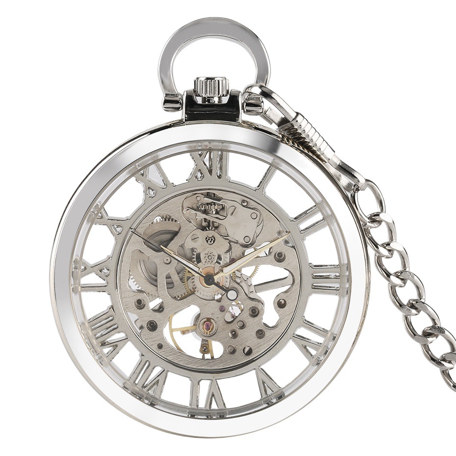 Hot selling multi-color large pocket watch mechanical watch full transparent silver Roman literal straight plate transparent manual mechanical large pocket watch