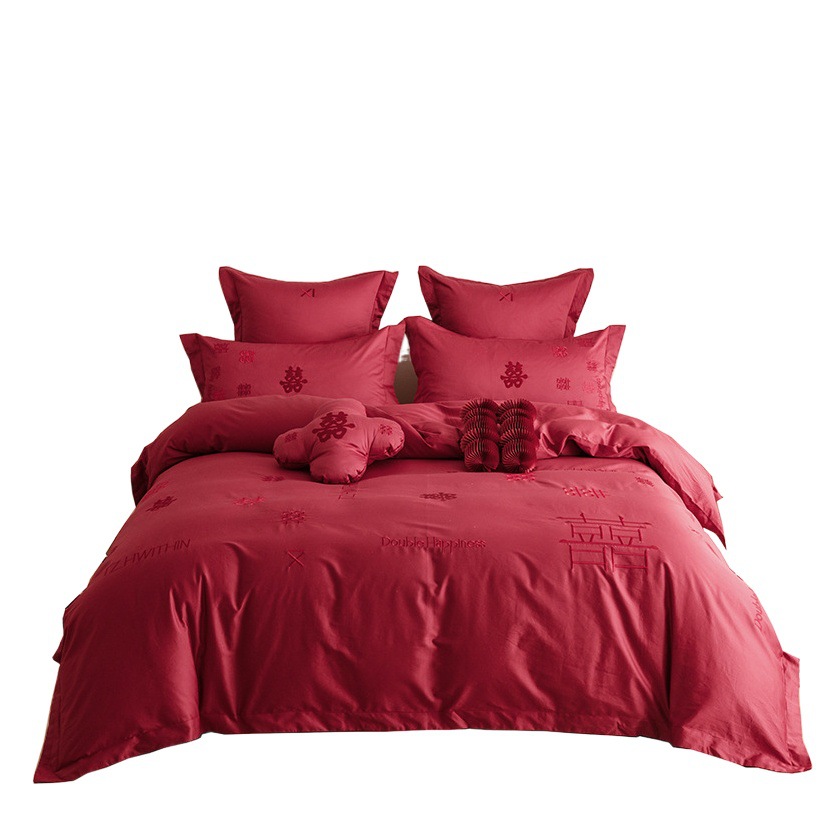 Baixi new Chinese wedding long-staple cotton satin wedding four-piece cotton cotton embroidered red bedding