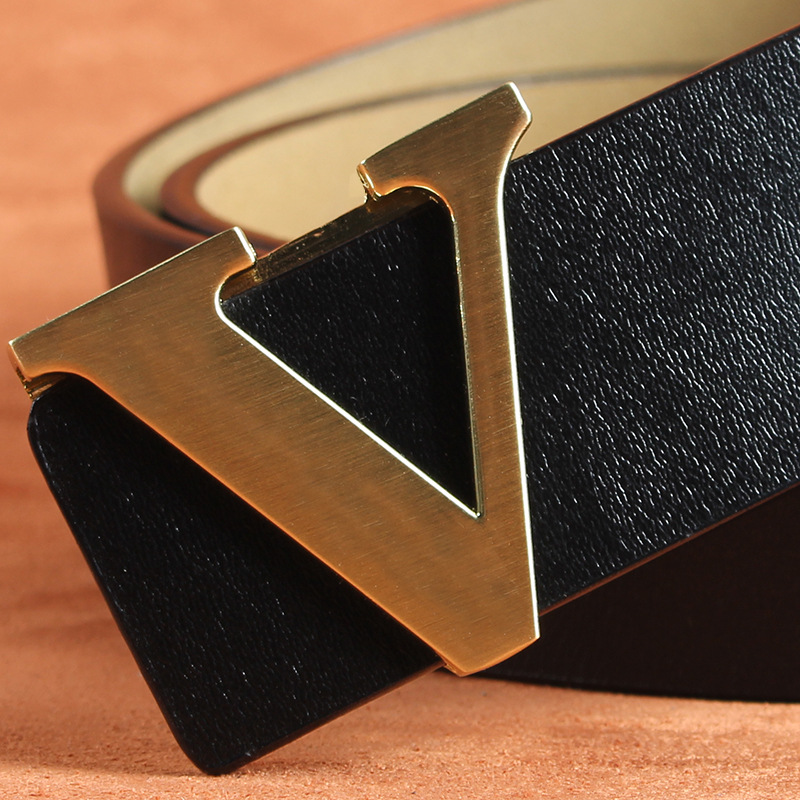 Smooth Buckle Belt Men's plus size Genuine Leather Youth HV Letter Pure Cowhide Internet Celebrant Hair Stylist Belt