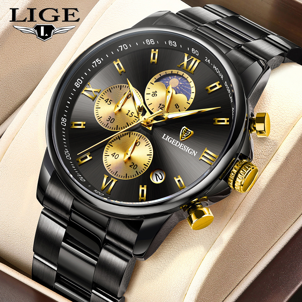 Cross-border Special for New Fashion Sports Multifunctional Quartz Watch Steel Band Three-eye Six-needle Chronograph Men's Watch