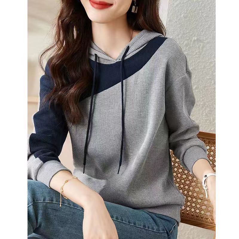 Picture of 2024 Spring and Autumn New Waffled Hooded Sweatshirt Women's Long-sleeved Stitching Loose Slimming Belly Covering Casual All-match Top