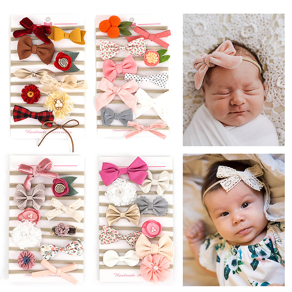 Children's Hair Accessories 10-Piece Set Flower Bow Baby Nylon Headband Baby Headwear Set Female Cartoon Flower