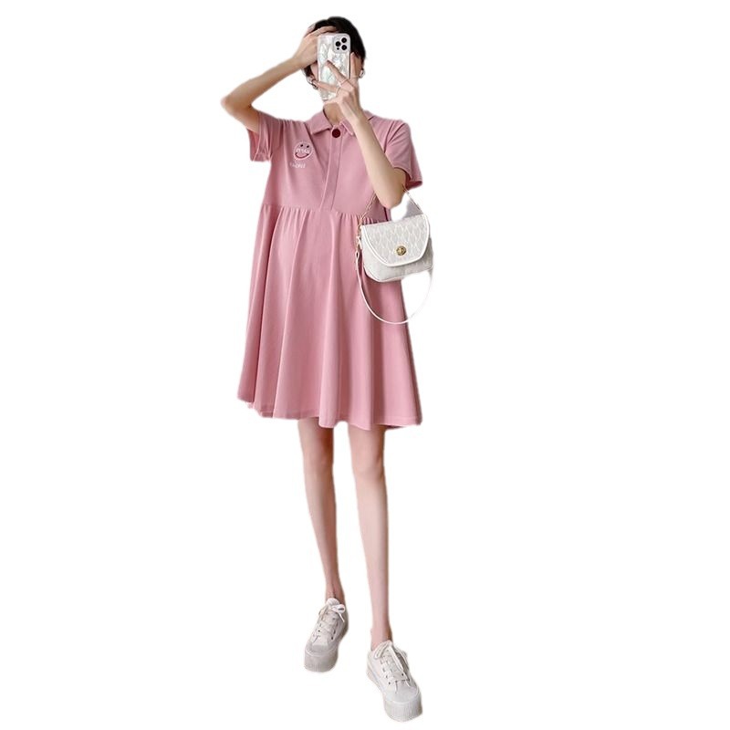 Picture of Pregnant Women's Dress Women's Summer Trendy Mom Thin Short-sleeved Top Pink Polo Collar Fashion Nursing Summer Dress