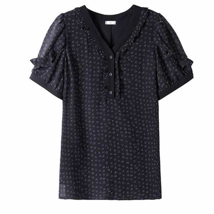Picture of Real Shot chubby girl Printed Elegant Short-sleeved Shirt Summer New Belly Covering Loose Slim T-shirt Top