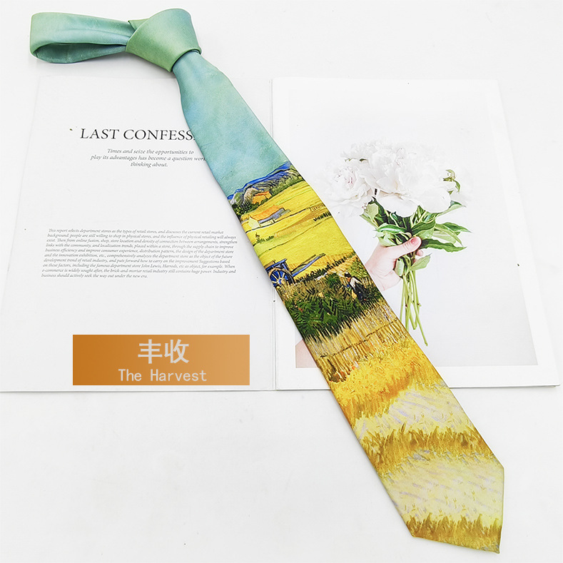 Picture of Van Gogh Oil Painting Men's Polyester Printed Vintage Tie Factory in stock Fashion Casual Tie Hand Tie 8cm