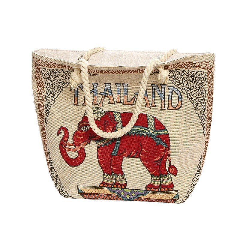 Picture of Ethnic Style Characteristic Elephant Double-Sided Gold Jacquard Embroidered Canvas Bag Xishuangbanna Large Capacity Tote Bag with Zipper
