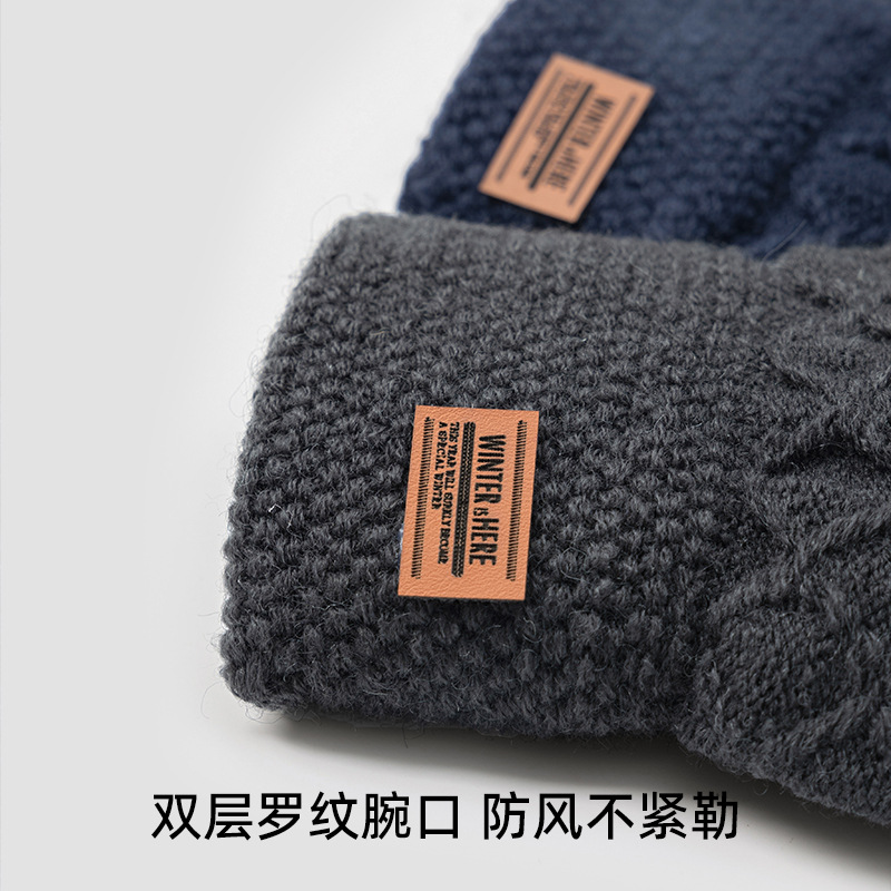 Picture of Gloves men's plus size student autumn and winter warm touch screen cold-proof fleece-lined five-finger knitted wool cycling riding gloves