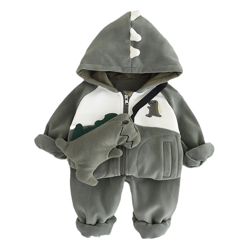 Winter new boys and girls stitching dinosaur long sleeve suit children stitching fleece-lined girls outer wear two-piece suit fashion