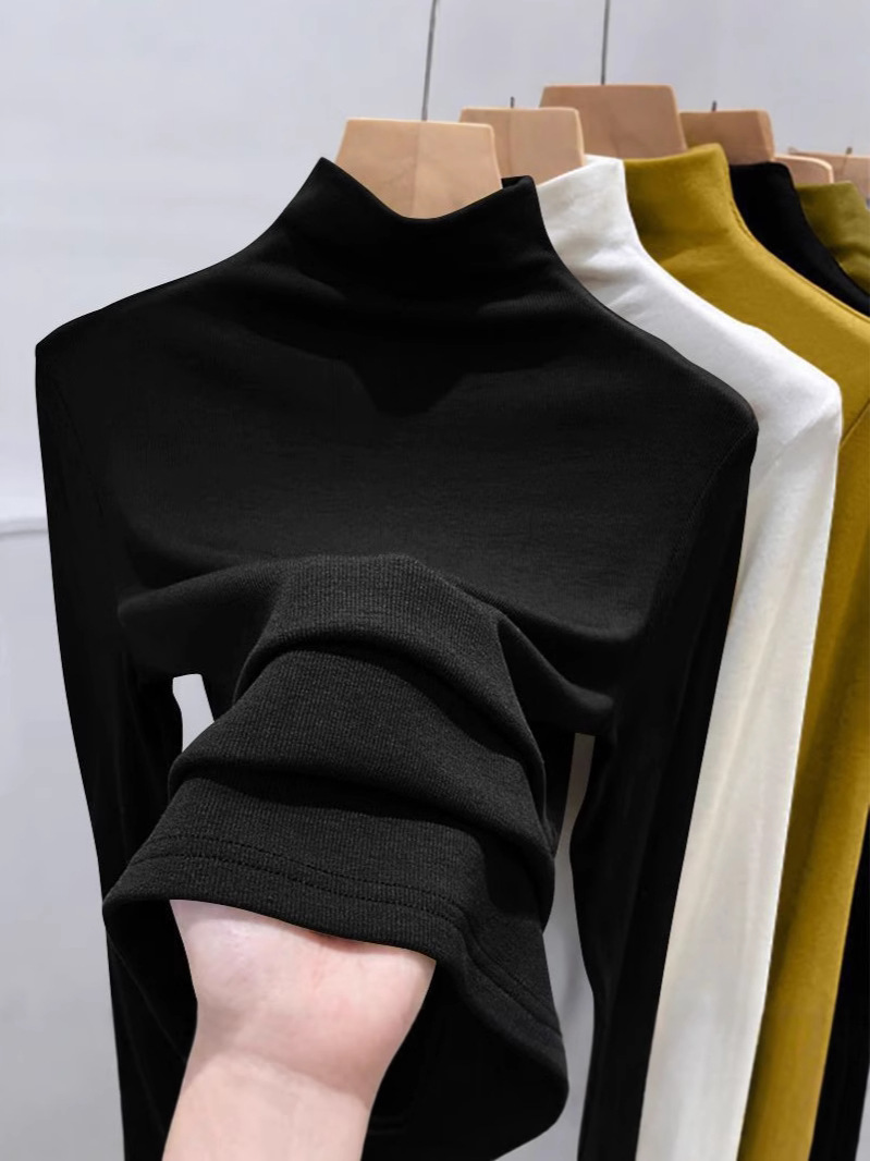 Picture of 180g Threaded Semi-high Collar Base Shirt Women's New Spring Autumn and Winter Fashion Long Sleeve T-shirt Slim Fit Velvet Inner Top