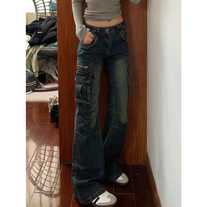 American Style Spice Girl Retro Old Low Waist Pocket Crane Jeans Women's Spring and Summer New Slimming Micro-flared Long Pants