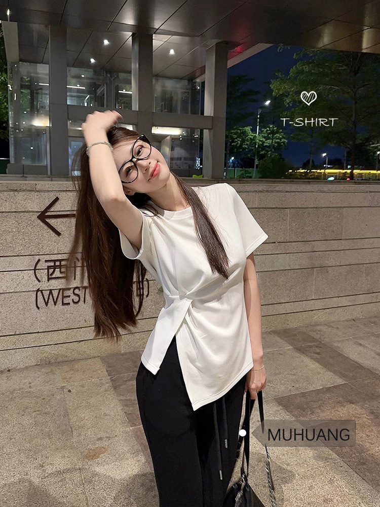 Design Sense Niche Pure Cotton Meat Covering Short-sleeved T-shirt Women's Summer Irregular Kink Split Spice Girls Loose Top