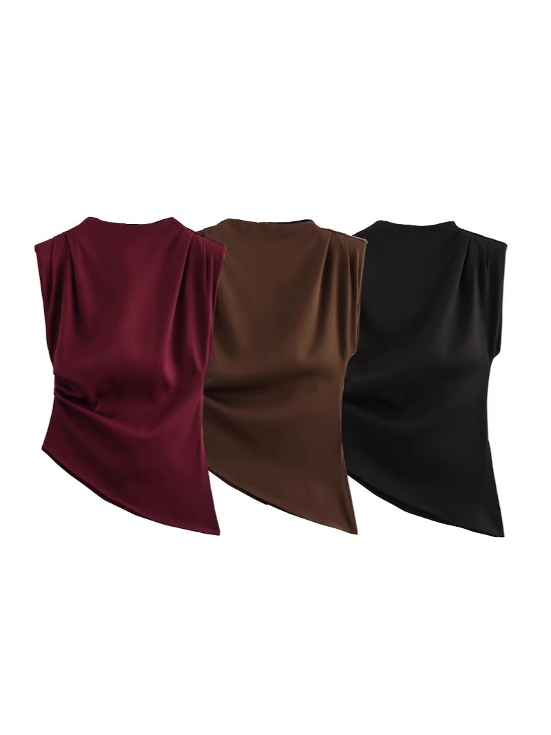 Cross-border European and American fashion 2025 spring new three-color beveled pleated decorative shoulder pad pullover sleeveless top